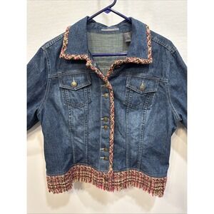 Liz Claiborne‎ Jacket Womens XL Boho Jean Jacket Hippie  Colorful Accents Fringe
